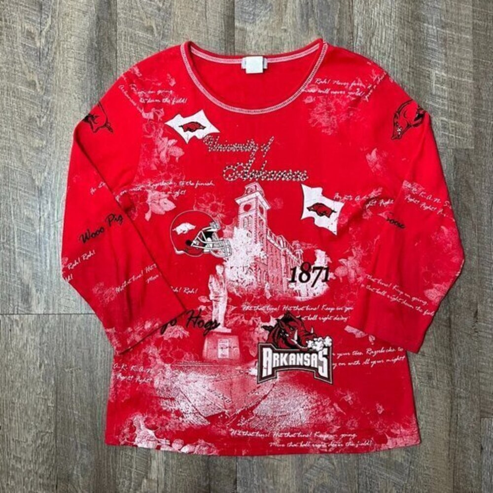 Vintage 90s Arkansas Razorbacks Graphic Retro 3/4 Sleeve Top Womens Medium‎